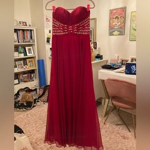Red, strapless, jeweled prom dress